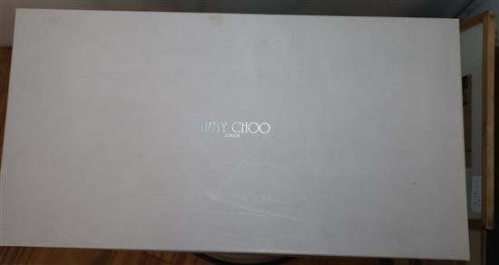 A pair of Jimmy Choo long brown leather boots with heel and back zip (boxed)
